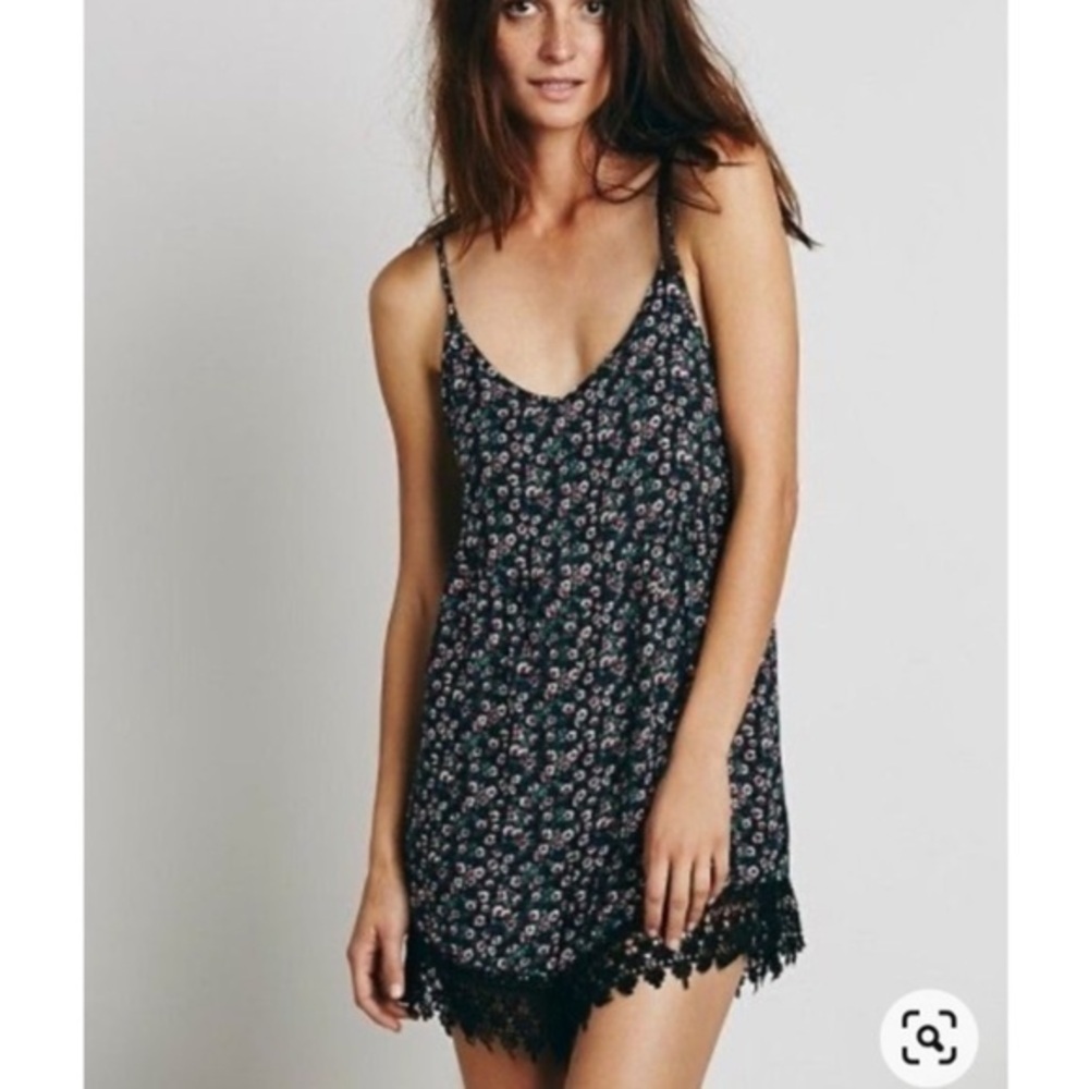 Free People Indio Boho Shorts Romper With Black Lace Floral Design size Medium